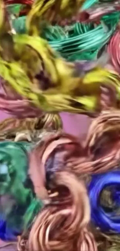 Abstract colorful swirls on a pink background.