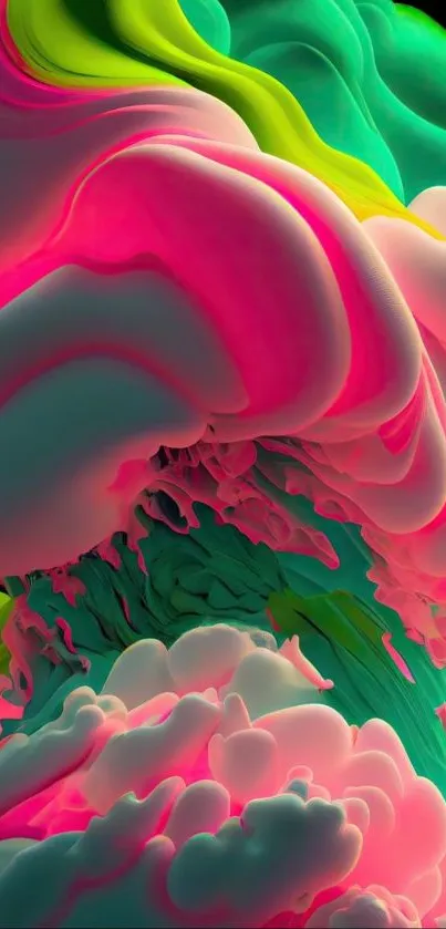 Vibrant abstract wallpaper with pink and green waves.