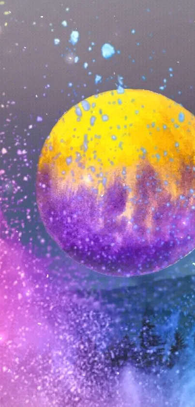 Vibrant abstract artwork of a colorful planet in a cosmic scene.