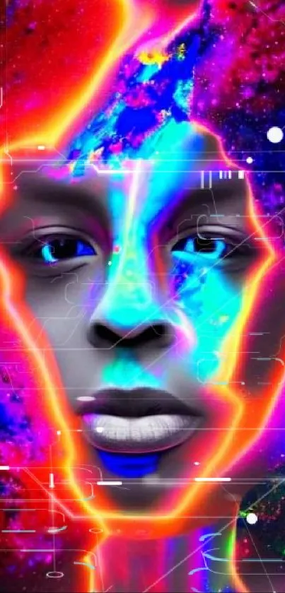 Vibrant abstract cosmic portrait with neon colors