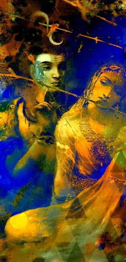 Abstract vibrant couple with rich colors on mobile wallpaper.