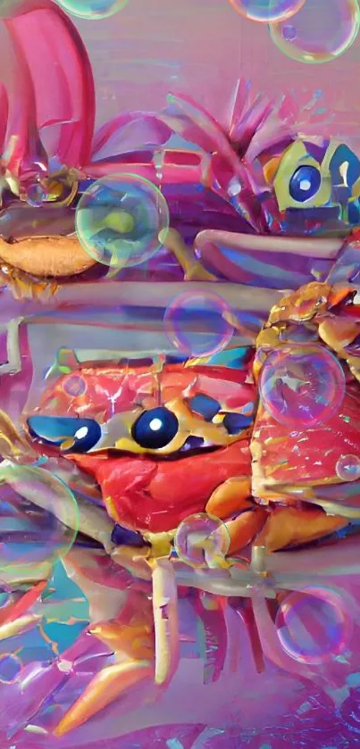 Vibrant abstract crab artwork in pink hues.