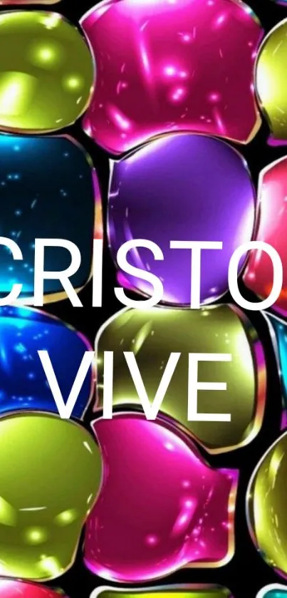 Vibrant multicolored crystal wallpaper with 'Cristo Vive' text.