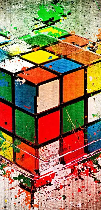 Vibrant abstract Rubik's Cube with colorful splatters.