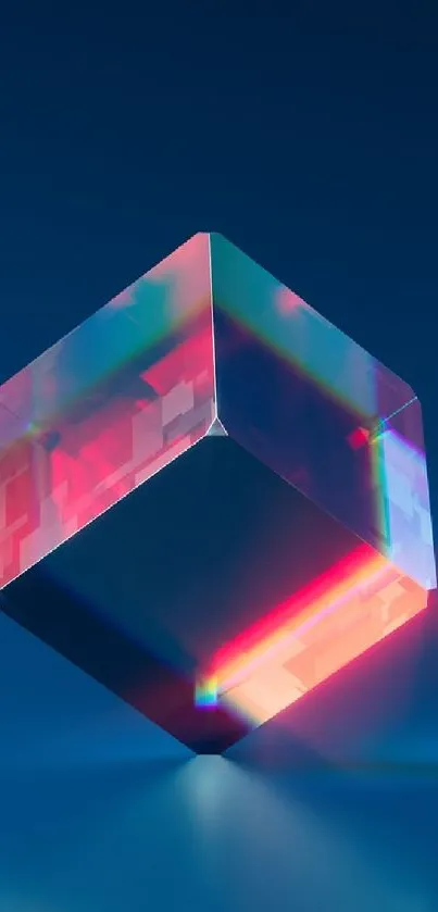 Abstract cube with prismatic colors on a blue background.