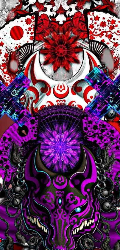 Vibrant abstract demon art with purple and red hues.