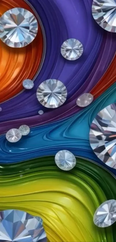 Abstract wallpaper with colorful swirls and diamonds.