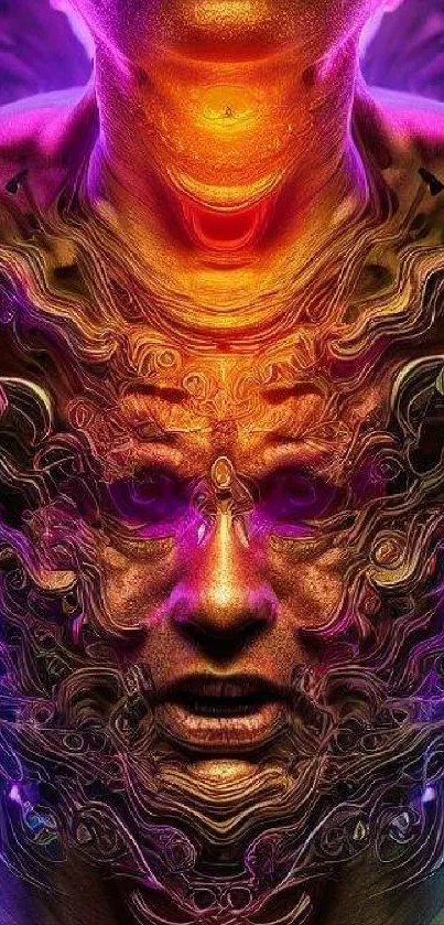 Vibrant abstract digital art with surreal face in orange tones.