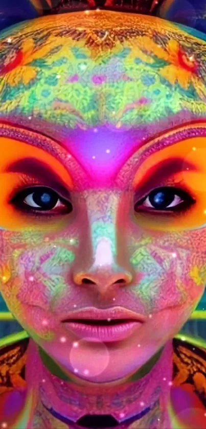 Vibrant abstract digital art with neon colors and face design.