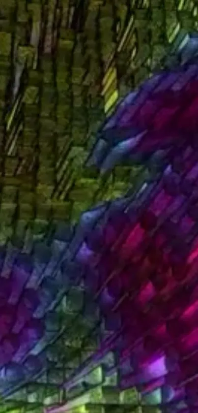 Vibrant abstract digital art wallpaper with green, purple, and blue textures.