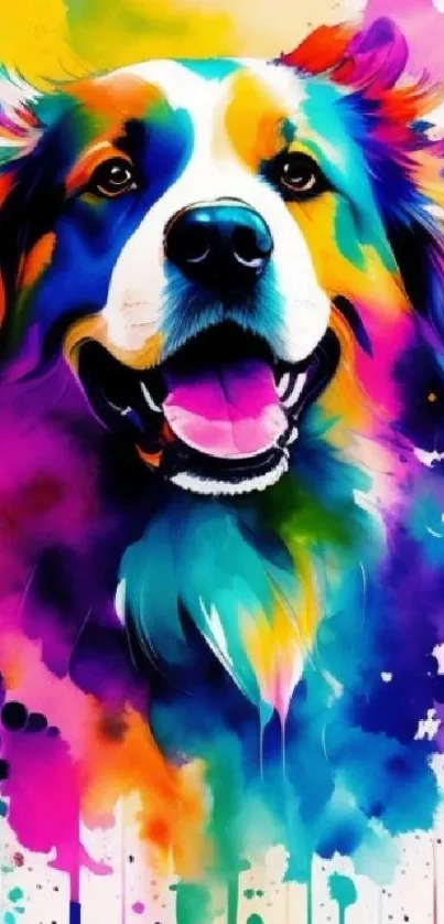 Vibrant abstract painting of a joyful dog with multicolored hues.