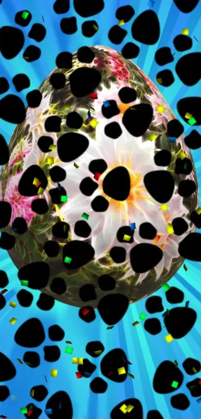 Abstract colorful egg with vibrant blue and black elements.