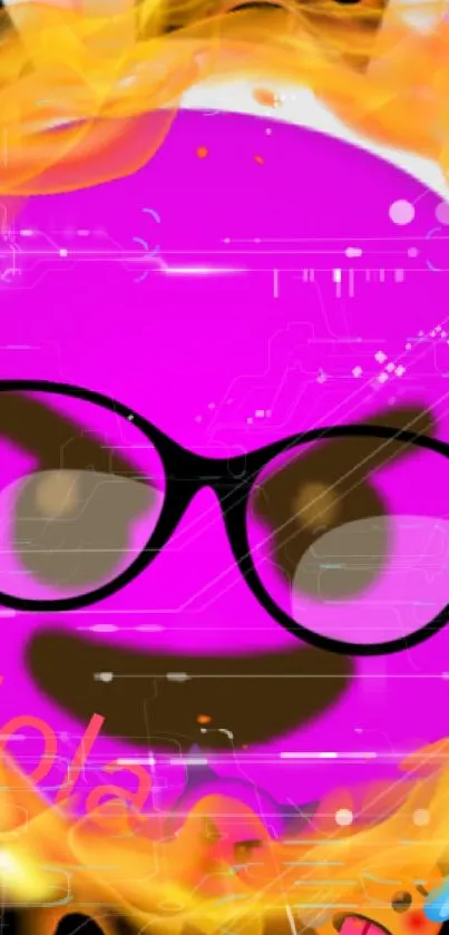 Vibrant emoji art with glasses in neon pink and orange flames.