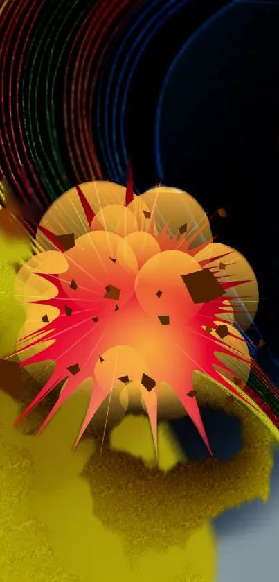 Vibrant abstract explosion art wallpaper in yellow and red hues.