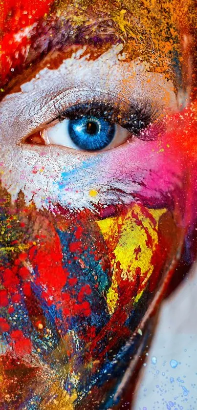 Vibrant abstract eye art with colorful paint splashes for mobile wallpaper.