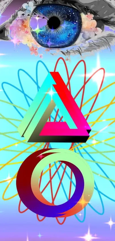 Vibrant abstract wallpaper featuring a cosmic eye and geometric shapes.