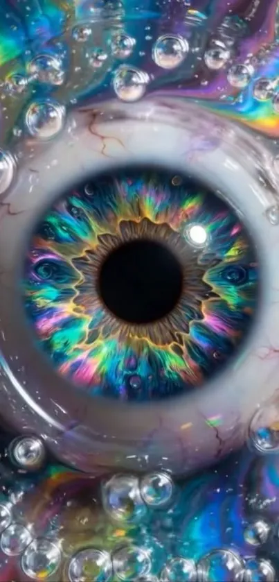Abstract vibrant eye with swirling colors and bubbles.