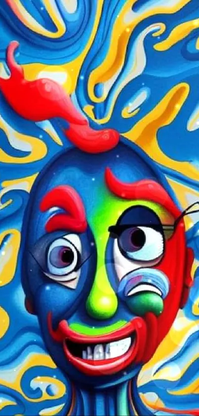 Vibrant abstract face design with swirling colors in blue, red, and yellow.