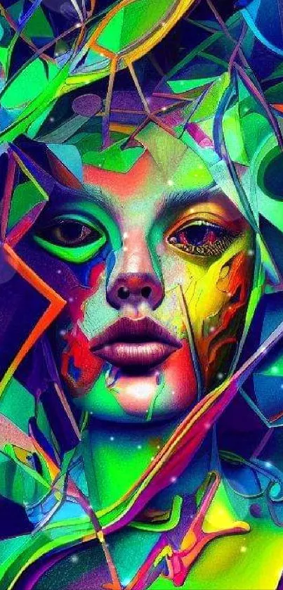 Vibrant abstract face art with neon colors and intricate design.