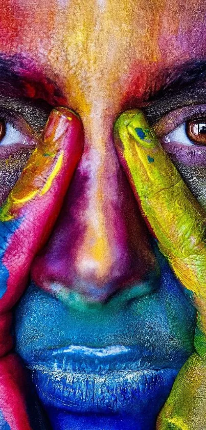 Colorful face with painted hands gripping cheeks.