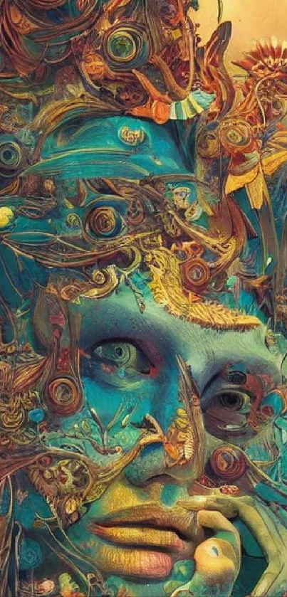 Intricate abstract face art with vibrant teal and colorful fantasy design elements.