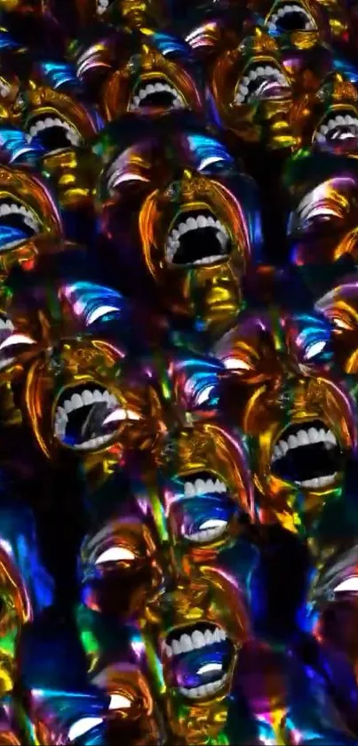 Colorful abstract faces with reflective surfaces.