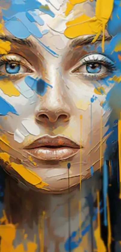 Abstract face with blue and yellow paint splashes.