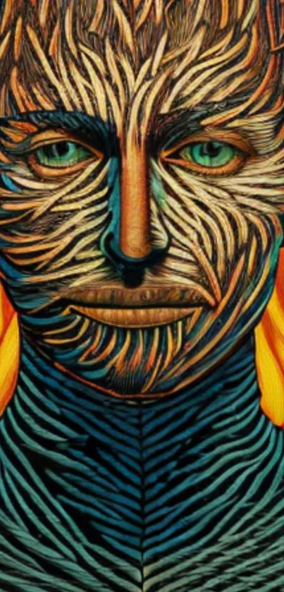 Colorful abstract face with fiery background design.