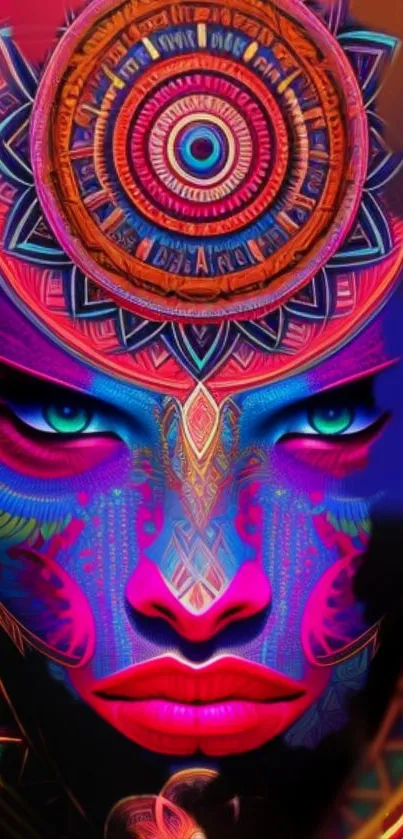 Vibrant abstract face art with neon colors and geometric patterns.