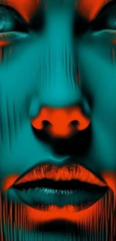 Abstract face with teal and orange hues.