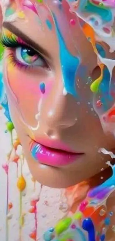 Vibrant abstract face art with colorful splashes.