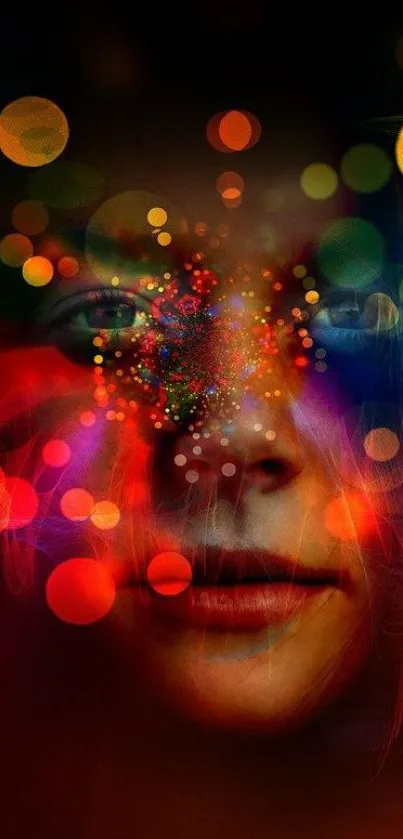 Colorful abstract face wallpaper with vibrant bokeh lights and digital art design.