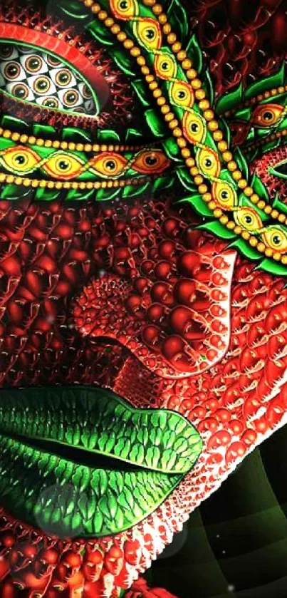 Intricate abstract face design in vibrant red, green, and yellow hues.