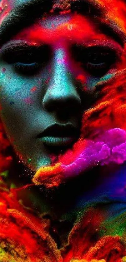 Vibrant abstract face with colorful hues enveloping the portrait.