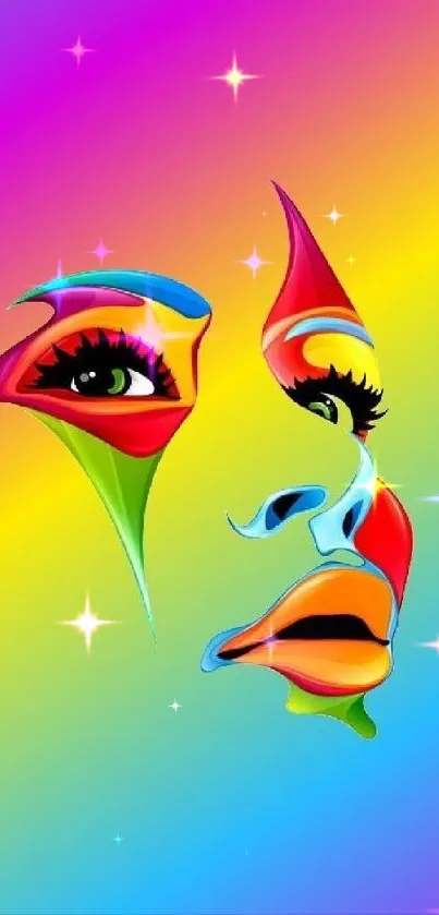 Colorful abstract face wallpaper with rainbow background.