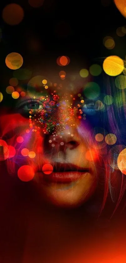 Abstract face art with colorful light effects.