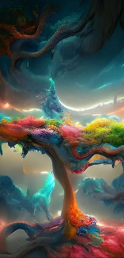 Vibrant abstract fantasy landscape with colorful, surreal elements and intricate design.