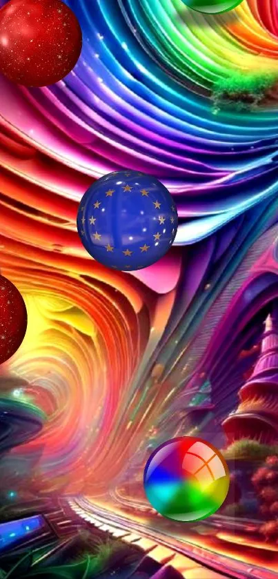 Vibrant abstract fantasy wallpaper with swirling colors and futuristic elements.