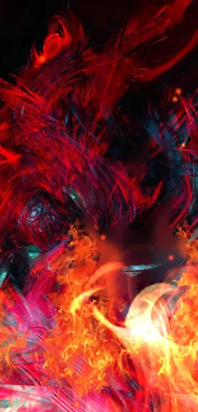 Fiery abstract art wallpaper with red and orange swirls.