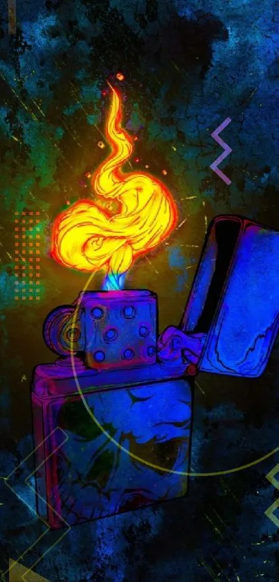 Vibrant neon fire illustration on a blue background wallpaper.