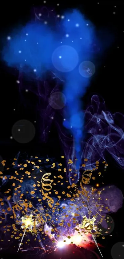 Abstract fireworks wallpaper with blue smoke and golden sparks.