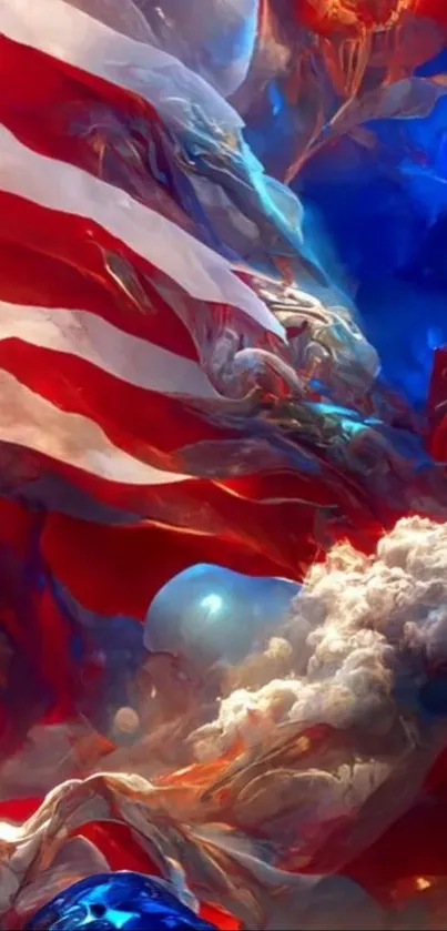 Abstract red, white, and blue flag-inspired design with dynamic colors.