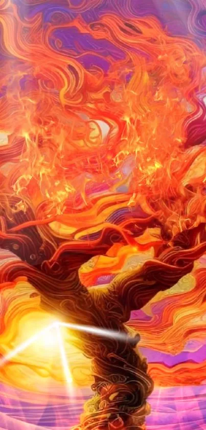 Vibrant abstract flame tree with fiery hues and swirling patterns.