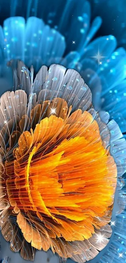 Abstract vibrant blue and orange flower wallpaper.