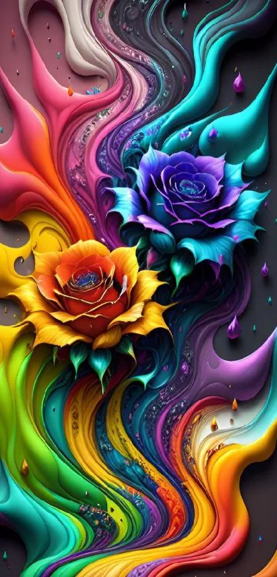 Vibrant abstract floral wallpaper with colorful roses and dynamic patterns.