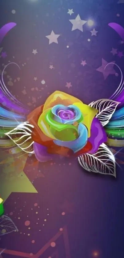 Vibrant abstract floral mobile wallpaper with colorful rose and cosmic background.