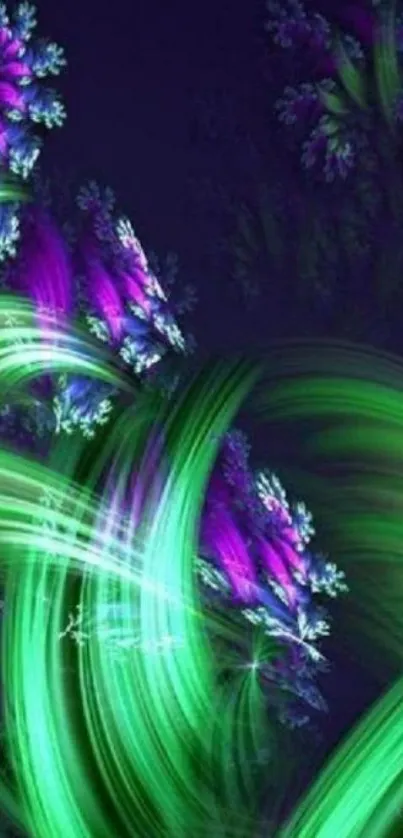 Vibrant green and purple abstract floral wallpaper.