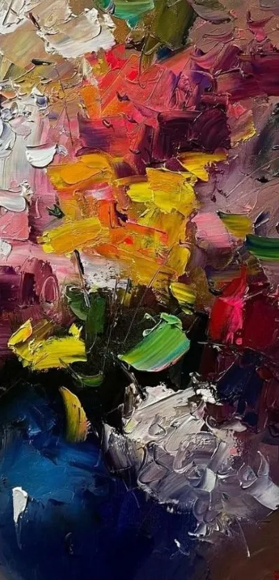 Vibrant abstract floral painting with colorful flowers.