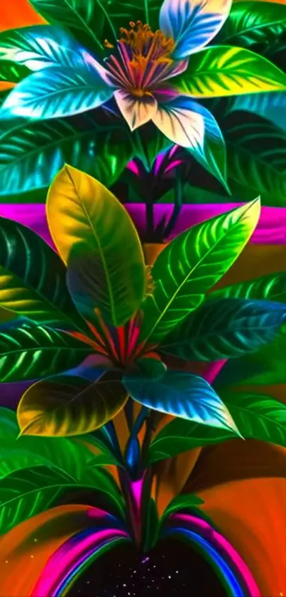 Vibrant abstract floral art wallpaper with green leaves.