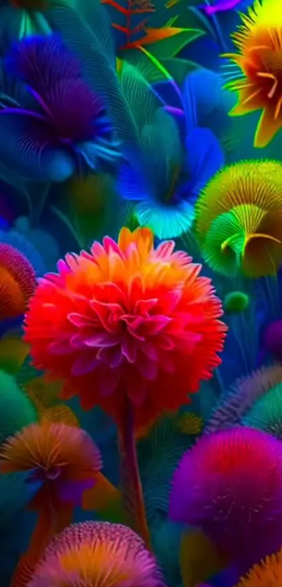 Vibrant abstract floral art with multicolored flowers and leaves on mobile wallpaper.